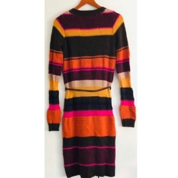 H&M Long Cardigan XS NWT Wool Striped Belted Tunic Colorful Striped Cozy Warm - Picture 6 of 10